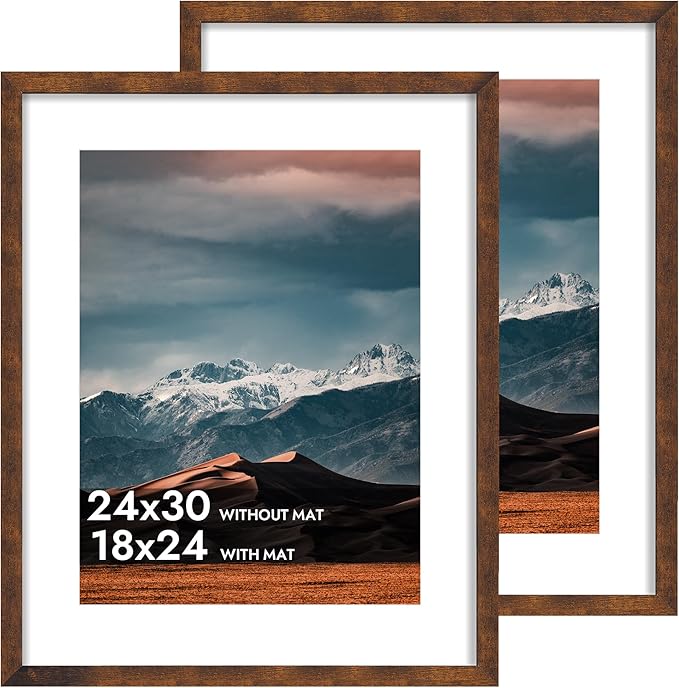 iRahmen 24x30 Poster Frame with 18x24 Mat - Plexiglass Wooden Picture Frames for Photo Wall Gallery Mounting (Dark Brown, Set of 2)