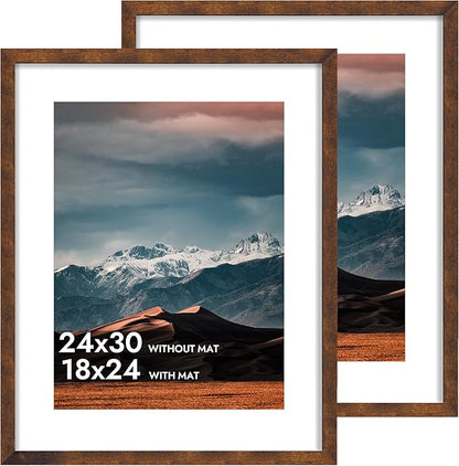 iRahmen 24x30 Poster Frame with 18x24 Mat - Plexiglass Wooden Picture Frames for Photo Wall Gallery Mounting (Dark Brown, Set of 2)