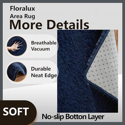 Floralux 5x7 Soft Fluffy Shag Area Rug for Living Room, Bedroom, Kid's Room, Dark Blue, Upgraded Anti-Skid Plush Carpet
