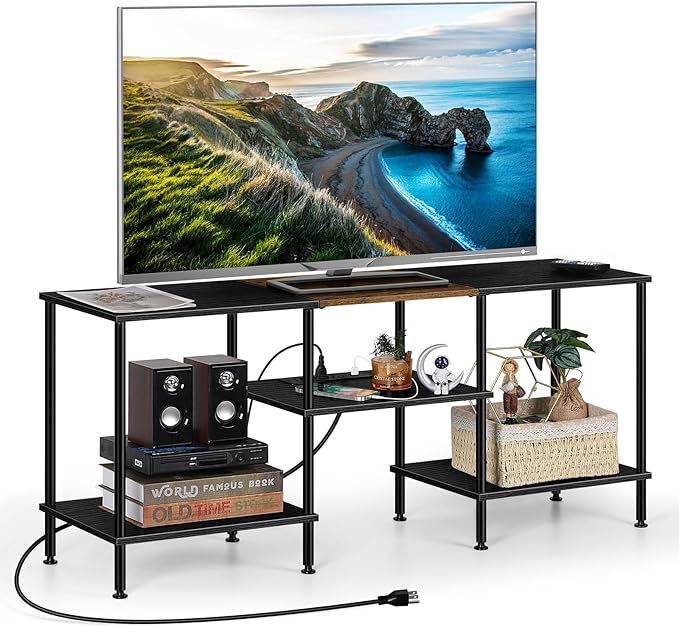 OYEAL Black Bedroom TV Stand with Power Outlets up to 50 inch TV, Small Entertainment Center Stand with Storage Modern Media TV Console Table for Living Room Bedroom