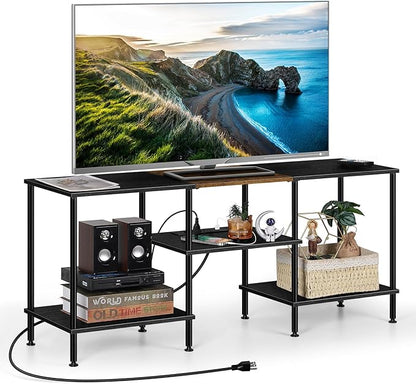 OYEAL Black Bedroom TV Stand with Power Outlets up to 50 inch TV, Small Entertainment Center Stand with Storage Modern Media TV Console Table for Living Room Bedroom