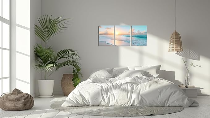 TutuBeer 3 Panels Beach Pictures Wall Art Beach Canvas Wall Art Ocean Pictures Seascape Paintings Coastal Picture Framed Artwork for Bathroom Living Room Office Home Decor Each Panel 16" x 24"
