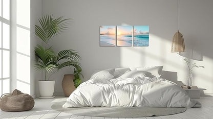 TutuBeer 3 Panels Beach Pictures Wall Art Beach Canvas Wall Art Ocean Pictures Seascape Paintings Coastal Picture Framed Artwork for Bathroom Living Room Office Home Decor Each Panel 16" x 32"