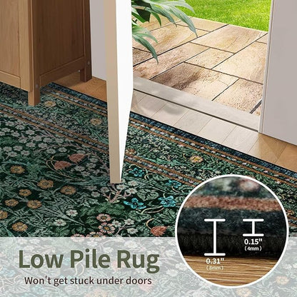 Rugxara 8x10 Area Rugs for Living Room, Large Washable Rug, Green Vintage Floral Boho Rug, Non Slip & Low Pile Faux Wool Thin Carpet for Indoor Dining Room and Bedroom(Dark Green 8x10ft)