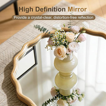 AMOISE Scalloped Round Mirror 24", Boho Wavy Wooden Frame Wall Mirror, Shatterproof Circle Accent Mirror for Bathroom, Bedroom, Entryway and Living Room
