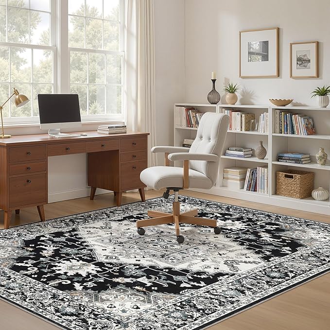 6x9 Washable Area Rugs for Living Room: Non Slip Vintage Black Rug, Large Soft Stain Resistant Indoor Floor Carpets for Bedroom Dining Room Nursery Home Office Kid & Pet Friendly