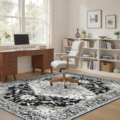 6x9 Washable Area Rugs for Living Room: Non Slip Vintage Black Rug, Large Soft Stain Resistant Indoor Floor Carpets for Bedroom Dining Room Nursery Home Office Kid & Pet Friendly