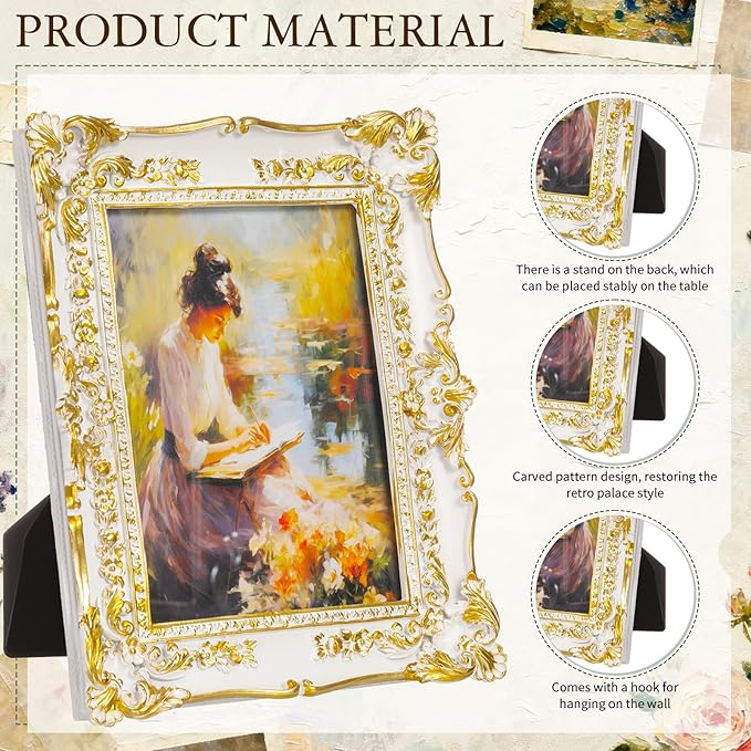 Geetery 4 Pcs Vintage Picture Frames Set, White Ornate Baroque Frames for Gallery Wall, Antique Victorian Decorative Photo Frame for Tabletop or Wall Display, Shabby Cottagecore Home Decor