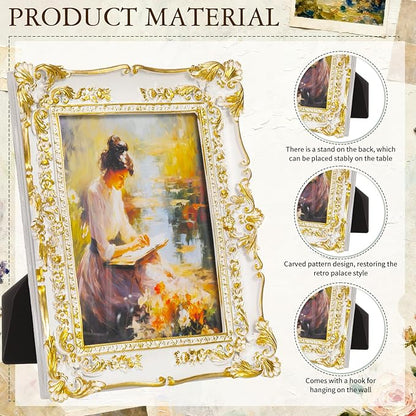 Geetery 4 Pcs Vintage Picture Frames Set, White Ornate Baroque Frames for Gallery Wall, Antique Victorian Decorative Photo Frame for Tabletop or Wall Display, Shabby Cottagecore Home Decor