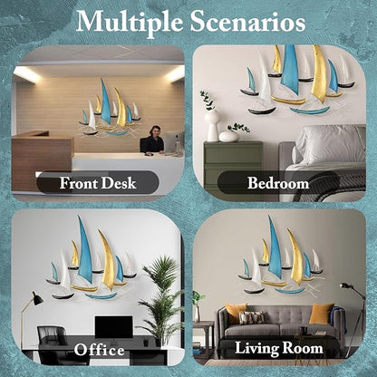 edaknez Large Metal Ship Wall Art, Metal Sailboat Wall Decor, Coastal Nautical Wall Art Decor, 3D Boat Wall Hanging, for Living Room Bedroom Indoor Outdoor (Modern Color)
