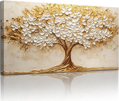 crmotu Tree of Life Wall Art, White Gold Tree Extra Large Canvas Paintings, Nature Landscape Abstract Art Prints, Modern Aesthetic Pictures Wall Decor Living Room Office Ready to Hang 29x57 Inch