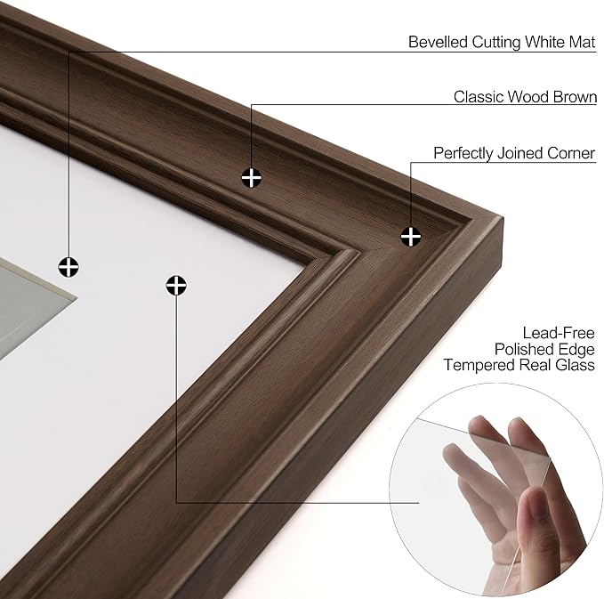 Yaetm 11x14 Picture Frame with Mat for 8x10 Set of 4, 1.4" Wide Molding Brown Wood Grain Photo Frames 11 x 14 with Tempered Glass for Home and Office, Wall Mount (4 pack, Wood Brown)