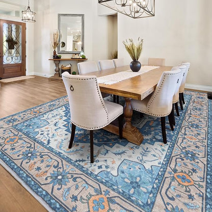 Lessymo 8 x 10 Area Rugs for Living Room- Machine Washable Area Rugs Boho Faux Wool Low Pile Area Rug for Bedroom Floral Medallion Vintage Rugs with Non-Slip Rubber, Kid & Pet Friendly, Blue Brown