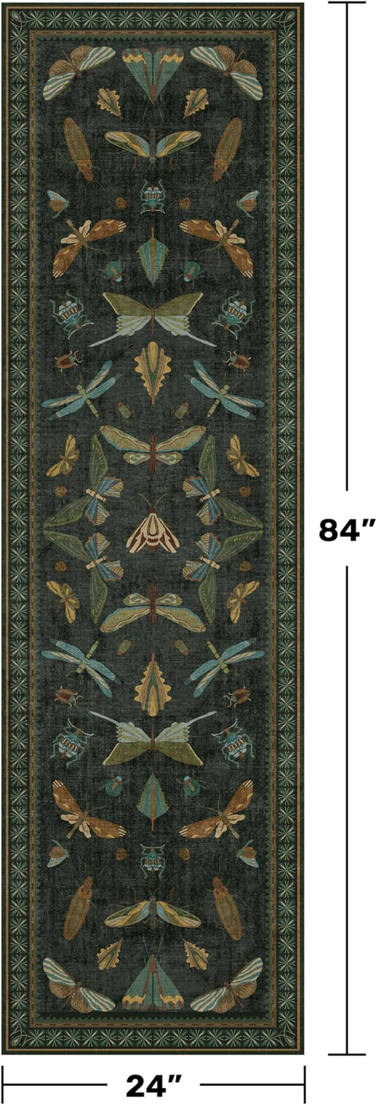 Hazo Haus Insect 2x7 Stain Resistant Kitchen Runner Rugs, Vintage Bathroon Rug Non Skid, Low Pile & Soft Non Slip with Rubber Backed, Dark Green Boho Room Decor for Bedroom