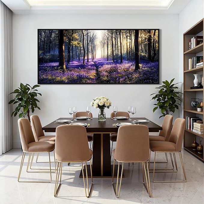 crmotu Extra Purple Landscap Wall Art, Lavender Flower Field Canvas Art Prints, Modern Nature Forest Scenery Framed Artwork for Living Room Bedroom Office Meeting Room, 32"x71"