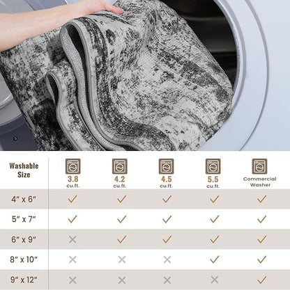 YOH Boho Washable Rug 4x6, Black Vintage Non Slip Area Rug, Distressed Indoor Carpet for Living Room Bedroom Kitchen Office