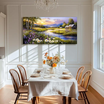 SERIMINO Large Wall Art for Living Room, River Landscape Wall Art, Meadow Wildflower Canvas Art Prints, Countryside Sunset Paintings Wall Decor for Bedroom, Farmhouse Kitchen Decor Pictures 24"X48"