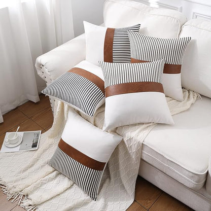 Mecatny Set of 2 Faux Leather Throw Pillows 18x18 with Inserts, Boho Striped Farmhouse Outdoor Pillows, Decorative Accent Cushions for Couch, Patio & Living Room, Grey