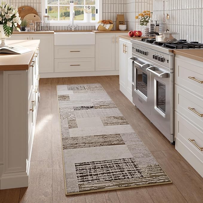 FlyDOIT Modern Geometric Patchwork Area Rug, 2x6 Beige Runner Rugs for Living Room, Rockwood Collection Indoor Rugs for Bedroom, Throw Carpet Floor Decor for Entryway Dining Room Office Nursery