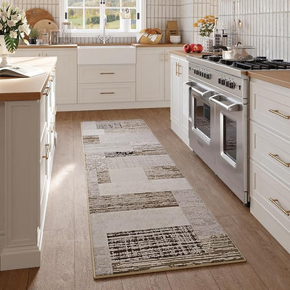 FlyDOIT Modern Geometric Patchwork Area Rug, 2x6 Beige Runner Rugs for Living Room, Rockwood Collection Indoor Rugs for Bedroom, Throw Carpet Floor Decor for Entryway Dining Room Office Nursery