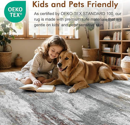 5x7 Ft Abstract Area Rugs for Living Room, Soft Non-Slip Modern Washable Rugs Print Pattern Carpet for Bedroom Indoor Floor Nursery Home Decor (Grey/Gold-Brown/Red-Brown)