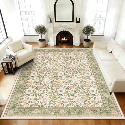 Floral 6x9 Area Rugs Machine Washable Boho Low Pile Soft Vintage Carpet for Living Room with Non Silp for Bedroom,Dining Room,Laundry Indoor,Beige/Green