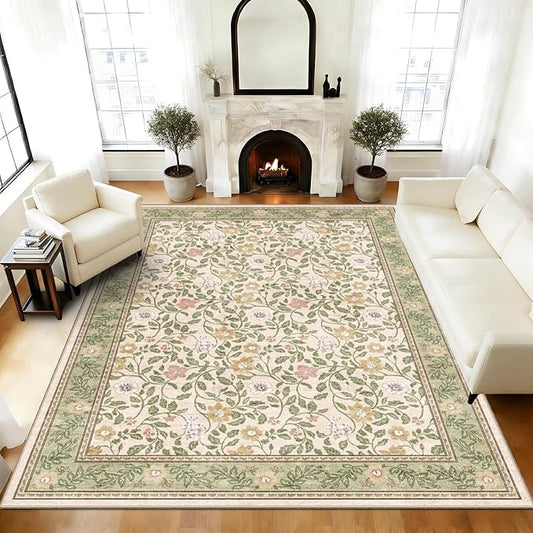 Floral 6x9 Area Rugs Machine Washable Boho Low Pile Soft Vintage Carpet for Living Room with Non Silp for Bedroom,Dining Room,Laundry Indoor,Beige/Green
