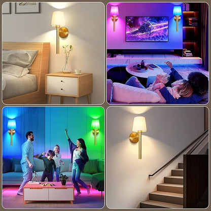 Battery Operated Wall Sconce Set of 2, 5200mAh RGB Wireless Wall Lights with Detachable Charging Stick & Dimmable Bulbs, 12 Colors Rechargeable Wall Lamps for Bedroom Living Room Hallway Decor, Gold