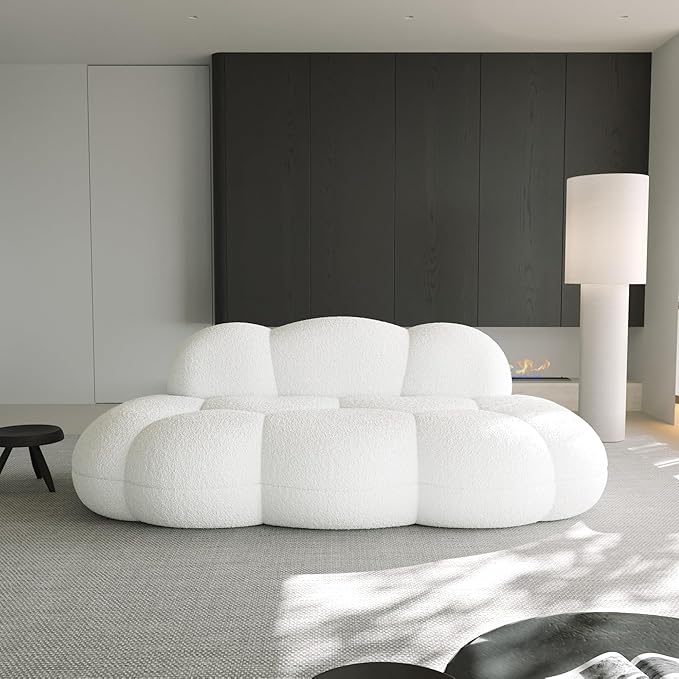 Modern Curved Sofa, 3 Seater, Soft Sherpa Upholstered Sofa, Minimalist Style Comfy Cloud Couch for Living Room Apartment, White