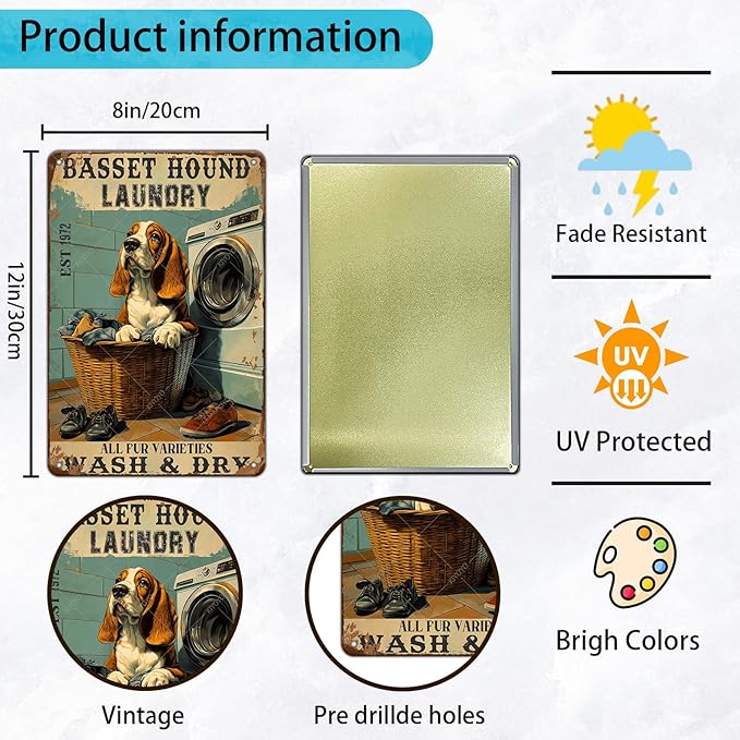 Retro Metal Poster Basset Hound Laundry Wash And Dry Metal Tin Signs Vintage Plaque Wall Decor Gift for Office Club Bar Home Kitchen 12x8 Inch
