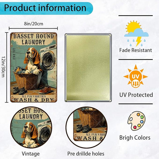 Retro Metal Poster Basset Hound Laundry Wash And Dry Metal Tin Signs Vintage Plaque Wall Decor Gift for Office Club Bar Home Kitchen 12x8 Inch