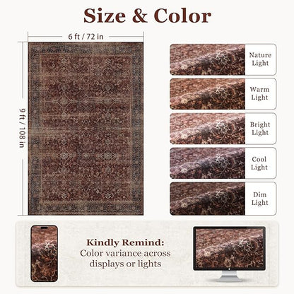 Brick Red 6x9 Rugs for Living Room, Earth Tone Area Rug for Bedroom Under Bed Non Slip, Washable Vintage Distressed Dining Room Rug Under Table Rustic Farmhouse, Low Pile Ultra Thin Soft