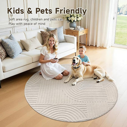 Pauwer 4ft Washable Area Rugs for Living Room Modern Beige Solid Color Soft Fluffy Rugs for Bedroom Non Slip Boho Accent Indoor Mat Floor Carpet Cover for Kids Dining Room Kitchen Office