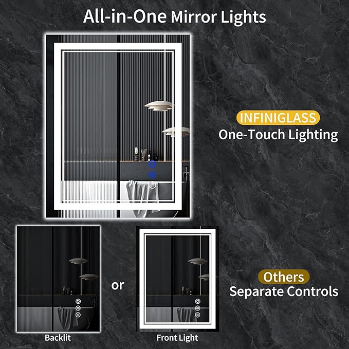 36"x24" LED Bathroom Mirror with Anti-Fog, Stepless Dimmable Lights, 3 Color Modes, Shatter-Proof Tempered Glass,Waterproof Design