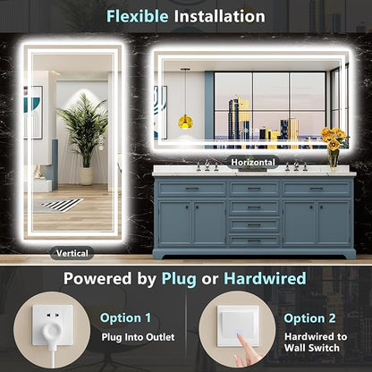 84x32 LED Bathroom Mirror with Lights, Backlit and Front Lit Anti-Fog Lighted Vanity Mirrors for Bathroom Wall, Dimmable, 3-Color Light, Memory, Shatter-Proof, HD Tempered Glass, CRI＞90