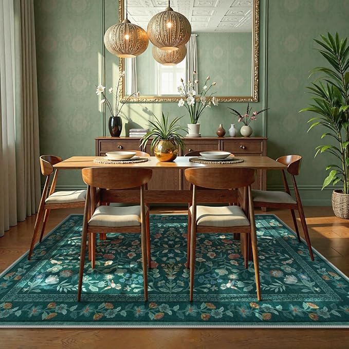 Lahome Floral Washable Area Rugs 8x10, Non-Slip Living Room Carpet Soft Tumble Washable Rugs for Bedroom Nursery, Vintage Botanical Print Carpet for Classroom Kids Room, Dark Green