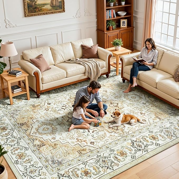 Lessymo 5x7 Area Rugs- Machine Washable Area Rugs, Super Soft Faux-Wool Area Rug for Living Room Bedroom, Boho Area Rug Vintage Floral Medallion Non-Slip Low Pile, Kid & Pet Friendly, Beige