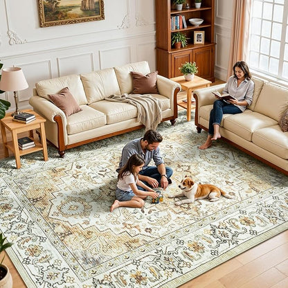 Lessymo 5x7 Area Rugs- Machine Washable Area Rugs, Super Soft Faux-Wool Area Rug for Living Room Bedroom, Boho Area Rug Vintage Floral Medallion Non-Slip Low Pile, Kid & Pet Friendly, Beige