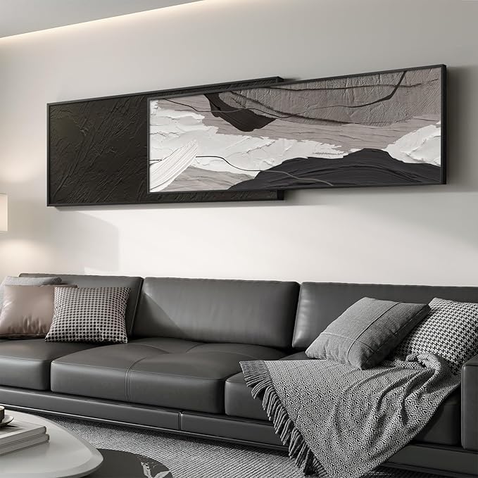 Extra Large Framed Black and White Abstract Wall Art for Living Room, Set of 2 Long Horizontal Modern Canvas Prints Paintings, Minimalist Gray Pictures for Bedroom Dining Room Office Wall Decor