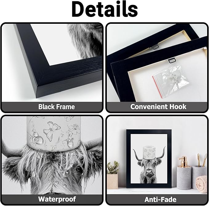 Toilet Paper On Head,Black Framed Funny Animal Prints, Vintage Black and White Rustic Style Cute Bathroom Cow Canvas Art Poster for Bathroom Restroom Decoration, Farmhouse Wall Decor