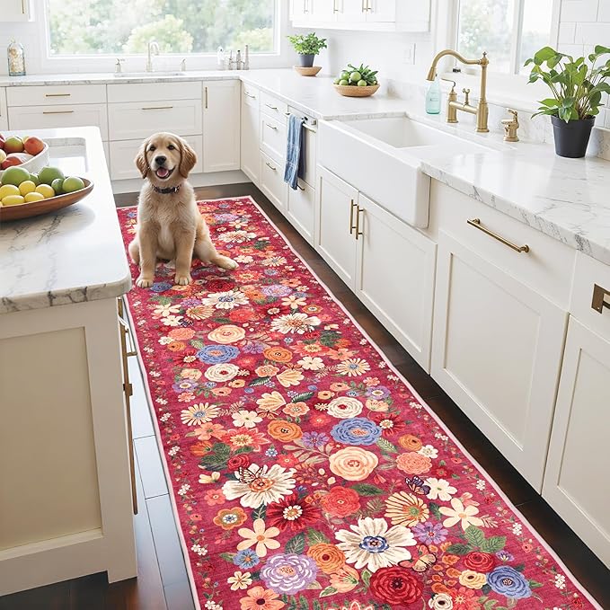 Rug for Hallways Kitchen Rug 2'6" x 14', Non Slip Washable Rugs with Rubber Backing Soft Floral Carpet Runner for Hallways, Kitchen, Laundry, Bedroom, Bathroom, Red Garden