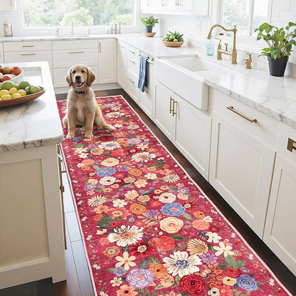 Rug for Hallways Kitchen Rug 2'6" x 14', Non Slip Washable Rugs with Rubber Backing Soft Floral Carpet Runner for Hallways, Kitchen, Laundry, Bedroom, Bathroom, Red Garden