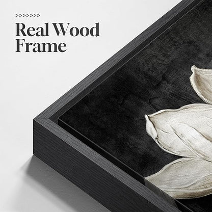 Large Framed Black and White Botanical Wall Art for Living Room, Modern Magnolia Floral Canvas Prints Paintings, Elegant Flower with Gold Leaves Pictures for Dining Room Office Wall Decor, 60x30 Inch