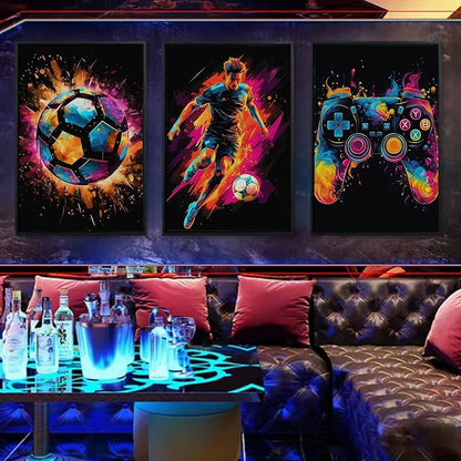 BGFCE Canvas Wall Art Poster Decor, Paintings Art Game Controller Color Splash Ink Canvas Painting, Posters for Room Aesthetic, Soccer Wall Art for Boys Room Decor 12x16 - Unframed Set of 3