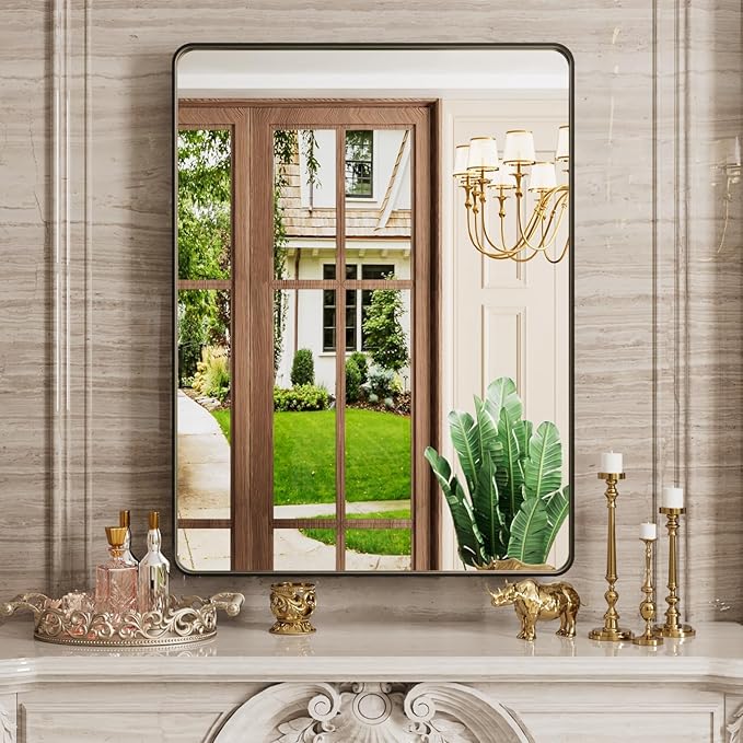 JISOSO Black Bathroom Mirror 30"x 21", Black Metal Framed Mirror for Wall, Rounded Rectangle Matte Bathroom Vanity Mirror with Tempered Glass, Anti-Rust, Horizontal/Vertical