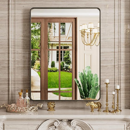 JISOSO Black Bathroom Mirror 30"x 21", Black Metal Framed Mirror for Wall, Rounded Rectangle Matte Bathroom Vanity Mirror with Tempered Glass, Anti-Rust, Horizontal/Vertical