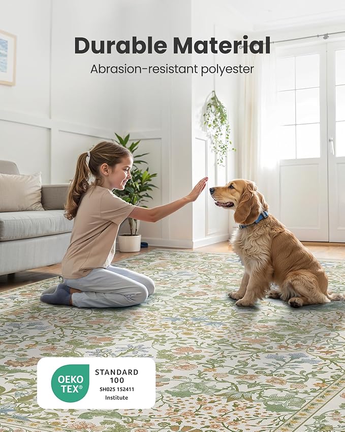 AMADA HOMEFURNISHING 5x7 Area Rug, Washable Living Room Rug with Non-Slip Backing, Low Pile and Durable Edge Binding, Vintage Soft Floral Rugs for Living Room, Bedroom, Dining Room