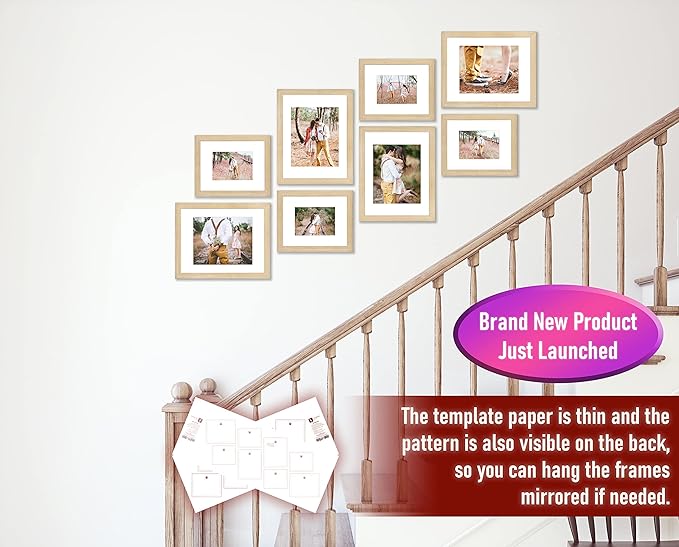 VELISTA 8 Piece Stair Picture Frame Set for Wall Collage - Stairwell Gallery Wall Set - Ladder Wooden Photo Frames with Mat - Farmhouse Staircase Wall Decor - Rustic Stairway Decor (Oak)