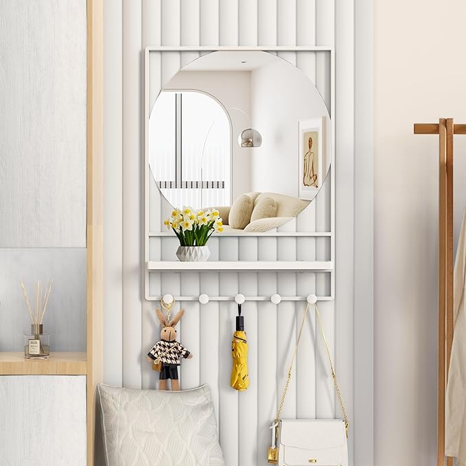 21" X 28" Wall Mirror with Shelf and Hooks,Entryway Mirror with Hooks, Metal Framed Bathroom Mirror with Shelf for Bathroom, Bedroom, Living Room (White, 21 x 28)