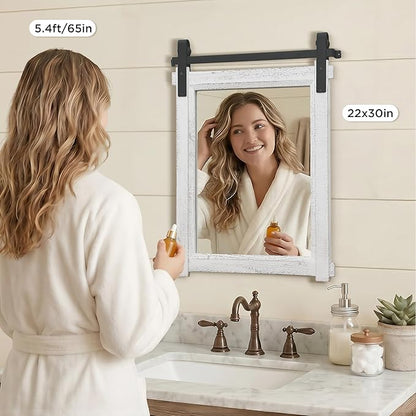 Besdomus Farmhouse Bathroom Wall Mirror: 22"x30" White Barn Door Solid Cedar Wood Frame Vanity Mirror - Rustic Bathroom Over Sink/Living Room/Hallway - Modern Rustic Decor for Housewife